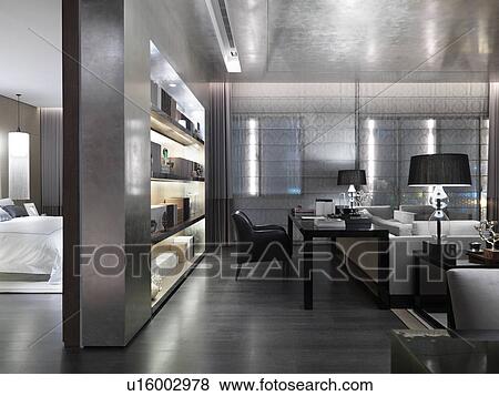 Modern Living Room With Desk And Wall Unit Bookcase Stock Photo