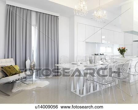 Modern Monochromatic Dining Room And Kitchen Stock