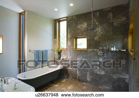 Stock Photo - Open tile shower with rain shower head. Fotosearch