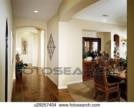 Picture - Parquet floors in hallway outside dining room. Fotosearch