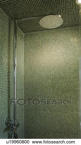 Stock Image - Rain shower head in green tile shower. Fotosearch