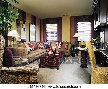 Sitting room with striped walls and built in desk View Large Photo Image Stock Photograph - Sitting room with striped walls and built in desk. Fotosearch