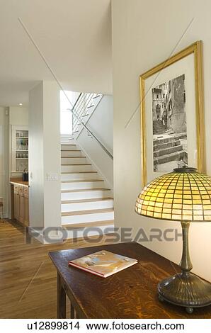 Stained glass lamp on end table View Large Photo Image Picture - Stained glass lamp on end table. Fotosearch