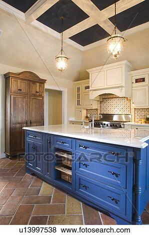 Traditional kitchen with blue island View Large Photo Image Stock Photo - Traditional kitchen with blue island. Fotosearch