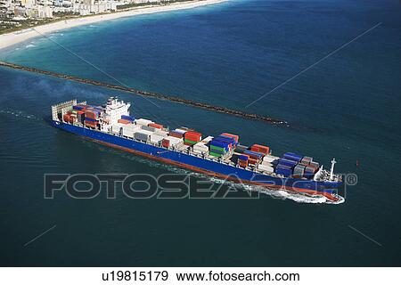 Stock Photo - Aerial view of cargo ship. Fotosearch