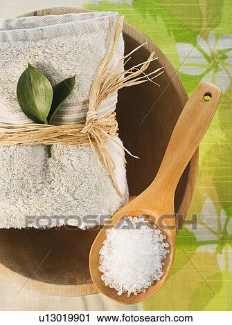 Bath salts and spa towel View Large Photo Image Stock Image - Bath salts and spa towel. Fotosearch