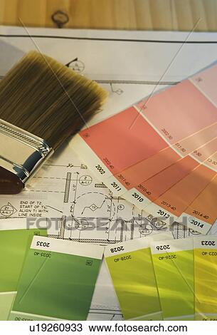 Close up of blueprint and painting supplies View Large Photo Image Stock Image - Close up of blueprint and painting supplies. Fotosearch