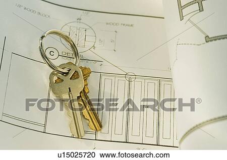 Stock Image - Keys on blueprints. Fotosearch