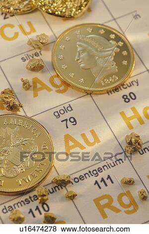Stock Photo - Periodic table of elements and gold coins. Fotosearch