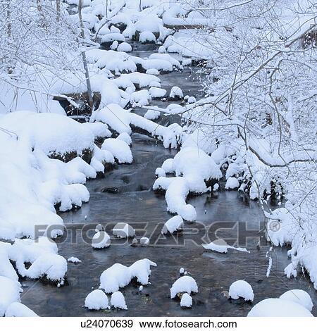 Snowy stream in winter View Large Photo Image Stock Photo - Snowy stream in winter. Fotosearch
