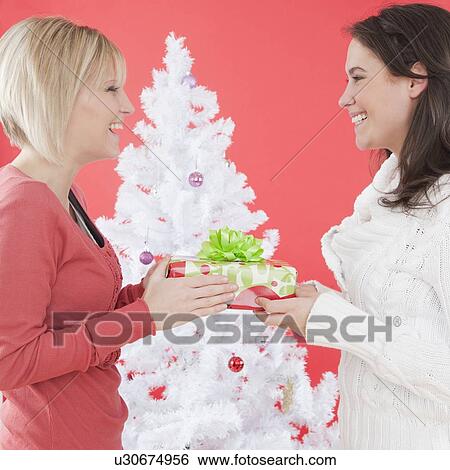 Stock Photograph - Women exchanging gifts at Christmas. Fotosearch