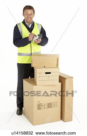 Stock Image - Courier Delivering Parcels. Fotosearch