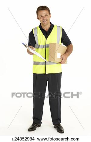 Courier Holding A Parcel And Clipboard View Large Photo Image Picture - Courier Holding A Parcel And Clipboard. Fotosearch