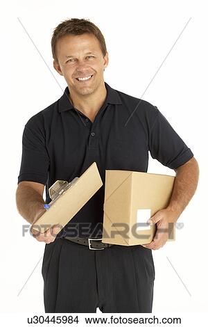 Courier Holding A Parcel And Clipboard View Large Photo Image Picture - Courier Holding A Parcel And Clipboard. Fotosearch