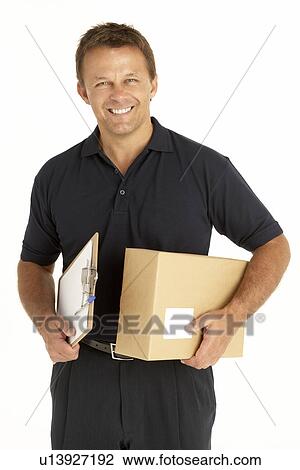 Courier Holding A Parcel And Clipboard View Large Photo Image Stock Image - Courier Holding A Parcel And Clipboard. Fotosearch