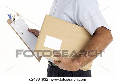 Courier Holding A Parcel And Clipboard View Large Photo Image Stock Image - Courier Holding A Parcel And Clipboard. Fotosearch