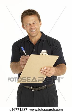 Stock Photo - Courier Writing On A Clipboard. Fotosearch