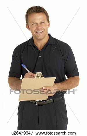 Courier Writing On A Clipboard View Large Photo Image Stock Photo - Courier Writing On A Clipboard. Fotosearch