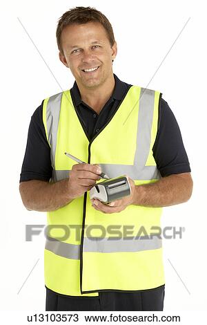 Stock Image - Courier Writing On An Electronic Clipboard, Smiling At The Camera. Fotosearch