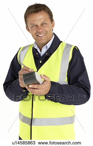 Stock Image - Courier Writing On An Electronic Clipboard, Smiling At The Camera. Fotosearch