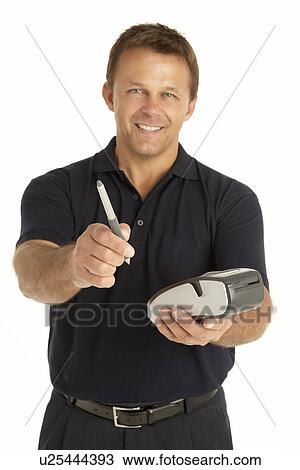 Courier Writing On An Electronic Clipboard, Smiling At The Camera View Large Photo Image Stock Image - Courier Writing On An Electronic Clipboard, Smiling At The Camera. Fotosearch