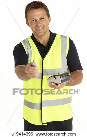 Stock Photograph - Courier Writing On An Electronic Clipboard, Smiling At The Camera. Fotosearch