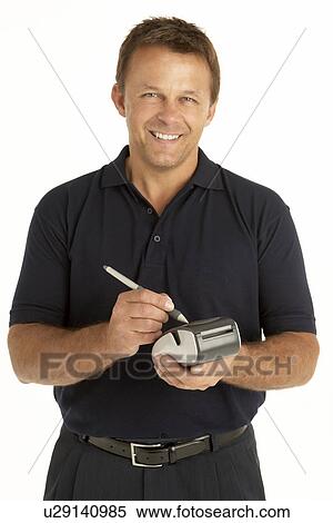 Courier Writing On An Electronic Clipboard, Smiling At The Camera View Large Photo Image Stock Photography - Courier Writing On An Electronic Clipboard, Smiling At The Camera. Fotosearch