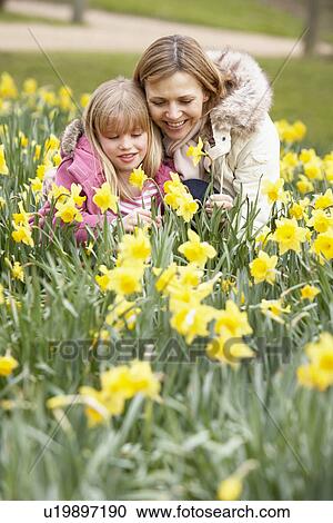 Stock Image - Mother And Daughter In Daffodils. Fotosearch