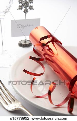 Place Setting With Christmas Cracker Against White Background View Large Photo Image Stock Image - Place Setting With Christmas Cracker Against White Background. Fotosearch