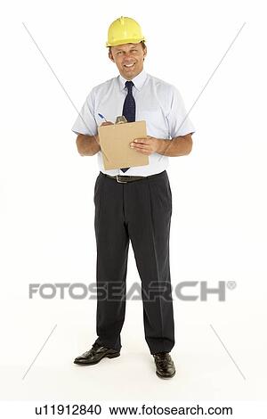 Stock Image - Portrait Of A Foreman Writing On A Clipboard. Fotosearch