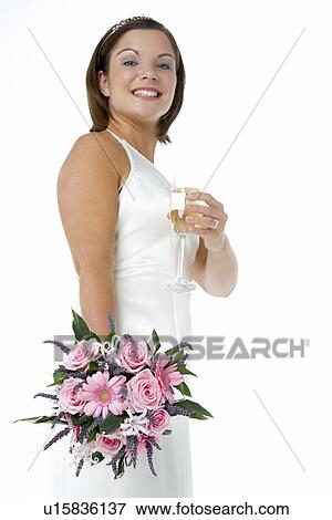 Portrait Of Bride Holding Bouquet And Wine Glass View Large Photo Image Stock Photo - Portrait Of Bride Holding Bouquet And Wine Glass. Fotosearch