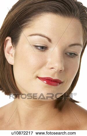 Stock Photo - Portrait Of Young Woman With Red Lipstick. Fotosearch