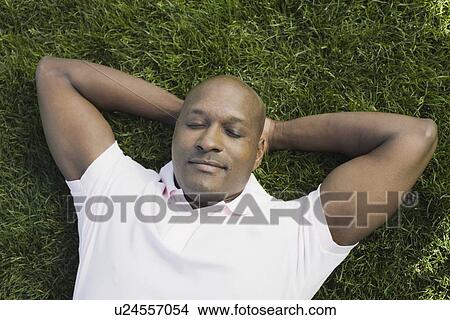 Picture - Bald man relaxing on grass. Fotosearch