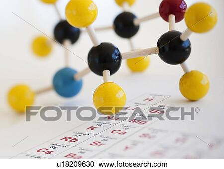 Stock Image - Molecule model on Periodic table. Fotosearch
