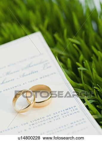 Stock Photo - Wedding rings and marriage certificate on grass. Fotosearch