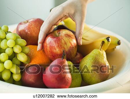 Stock Image - Woman's hand taking apple from fruit bowl. Fotosearch