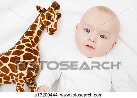 Baby laying next to a plush giraffe View Large Photo Image Picture - Baby laying next to a plush giraffe. Fotosearch