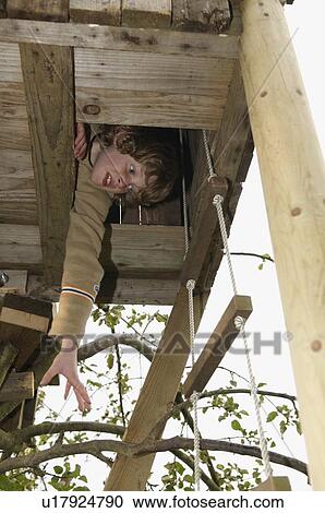 Boy reaching out from treehouse View Large Photo Image Stock Image - Boy reaching out from treehouse. Fotosearch