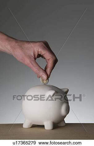 Stock Photo - Female hand placing coin in piggy bank. Fotosearch
