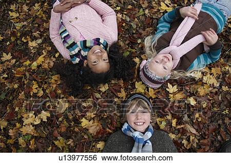 Three friends lying on autumn leaves View Large Photo Image Stock Photograph - Three friends lying on autumn leaves. Fotosearch