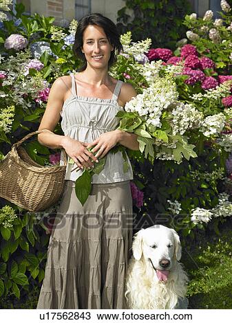 "Woman with her dog, holding flowers" View Large Photo Image Stock Image - "Woman with her dog, holding flowers". Fotosearch