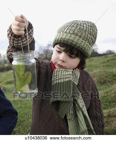 Stock Photograph - Young boy inspecting jar of insects. Fotosearch