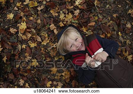 Young boy lying on autumn leaves View Large Photo Image Stock Image - Young boy lying on autumn leaves. Fotosearch