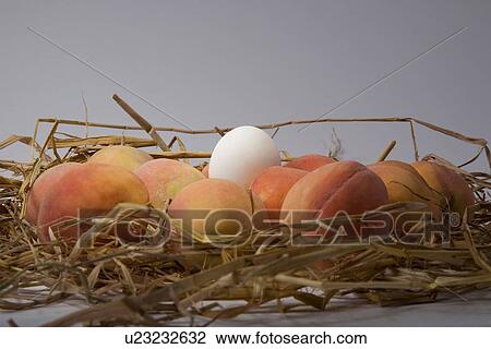 Stock Image - Peaches and an egg. Fotosearch