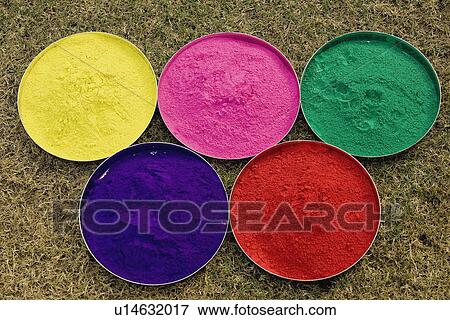 Plates of gulal View Large Photo Image Stock Photo - Plates of gulal. Fotosearch