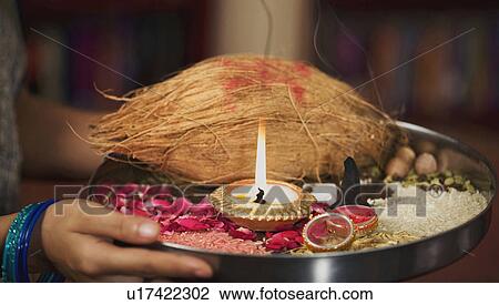 Stock Image - Traditional pooja thali. Fotosearch