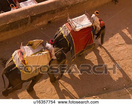 Picture - "People riding elephants in Amber Fort, Jaipur, India". Fotosearch