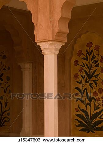 Stock Image - "Pillar and murals in Agra, India". Fotosearch