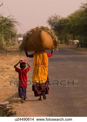 "Rajasthan, India - woman balancing hay on her head" View Large Photo Image Picture - "Rajasthan, India - woman balancing hay on her head". Fotosearch