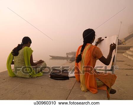 Two women artists in Varanasi India View Large Photo Image Stock Image - Two women artists in Varanasi India. Fotosearch